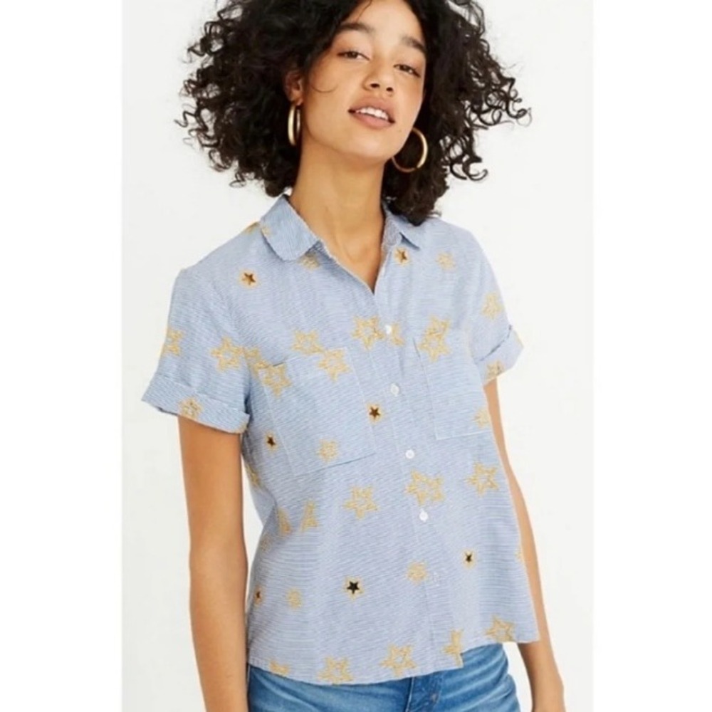 Madewell Blue White Pinstripe Yellow Star Embroidered Shirt Sz M Preppy Coastal